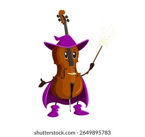 Cartoon Halloween contrabass mage and wizard musical instrument character casting the orchestral spell. Isolated vector double bass personage wearing magician cape and witch hat, wiz with magic wand