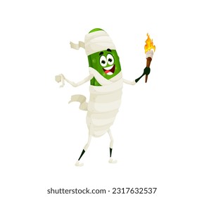 Cartoon halloween cucumber mummy character. Isolated vector vegetable wrapped in white bandages with burning torch in hand and cheerful facial expression. Funny veggies healthy food dressed as monster