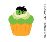 Cartoon Halloween cupcake cute flat sweet frankenstein dessert muffin snack food for trick or treat vector clip art illustration isolated on white background