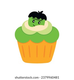 Cartoon Halloween cupcake cute flat sweet frankenstein dessert muffin snack food for trick or treat vector clip art illustration isolated on white background