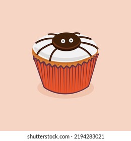 Cartoon Halloween cupcake with spider and web template. Hand drawn vector illustration.