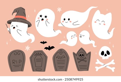 Cartoon Halloween cute ghost characters near tombstone. Vector adorably spooky phantoms giggling by a grave stone, radiate charm among eerie mist, their spectral cuteness defying the darkness