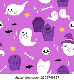 Cartoon Halloween cute ghost characters near tombstone. Vector adorably spooky phantoms giggling by a grave stone, radiate charm among eerie mist, their spectral cuteness defying the darkness