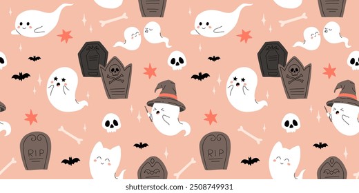 Cartoon Halloween cute ghost characters near tombstone. Vector adorably spooky phantoms giggling by a grave stone, radiate charm among eerie mist, their spectral cuteness defying the darkness