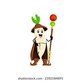 Cartoon Halloween daikon radish vegetable mage character. Isolated vector mystical wizard veggies possessing extraordinary magical abilities, conjuring spells and harnessing the power of sorcery