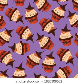 Cartoon Halloween decorated cupcake with cream, spiders and pumpkin in witch hat seamless pattern template. Colorful vector illustration for games, background, pattern, wallpaper, decor. 