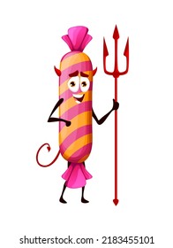 Cartoon Halloween devil candy with trident, vector imp sweets character with horns, tail and funny smiling face. Dessert for kids trick or treat party. Isolated patisserie naughty hobgoblin personage