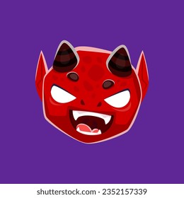 Cartoon Halloween devil emoji character. Playful imp face emoticon with mischievous grin, red skin, fangs, horns, and fiery eyes. Isolated vector devilish, and spooky personage for messages and chats