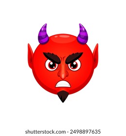 Cartoon Halloween Teufel Emoji Charakter. Isolierte, teuflische Vektorgrafik und gruselige Persönlichkeit für Nachrichten und Chats. Roter Imp Gesicht Emoticon mit bösem Grinsen, Hörnern, Bart und feurigen Augen, rund Satan Emoticon