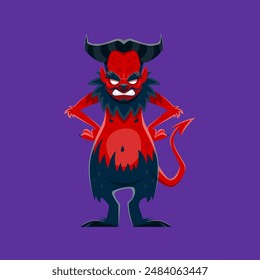 Cartoon Halloween devil evil character. Vector creepy imp personage. Fiend of hell creature with red skin, horns, peaky tail and goat hoofed legs stand with arms akimbo. Autumn holiday Satan creature