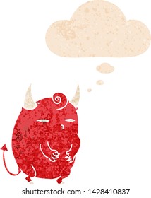 cartoon halloween devil with thought bubble in grunge distressed retro textured style