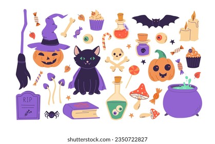 Cartoon Halloween elements clip art. Pumpkin, bat, black cat, potion, candies, spider, broom, magic vector set. Perfect for scrapbooking, invitation, greeting card, poster design 