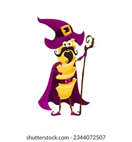 Cartoon Halloween eliche pasta sorcerer character. Wizard, warlock or mage Italian cuisine noodle isolated vector character. Sorcerer tasty pasta comical personage or cute mascot with magic staff