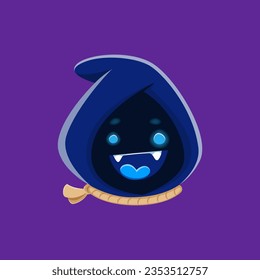 Cartoon Halloween emoji character wearing a hood and rope around its neck, exuding a spooky and mischievous vibe. Isolated vector butcher or monster face emoticon with blue glowing eyes and fangs