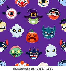 Cartoon Halloween emoji characters seamless pattern. Vector background with witch, eyeball, ghost and zombie. Bat, pirate, skull and sinister clown. Black cat, vampire and jack lantern emoticon faces