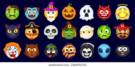 Cartoon Halloween emoji set. Vector zombie, vampire, wizard, pumpkin and ghost. Devil, angel, black cat and pirate. Skull, witch, mummy and voodoo doll with sinister clown, werewolf, alien or cauldron