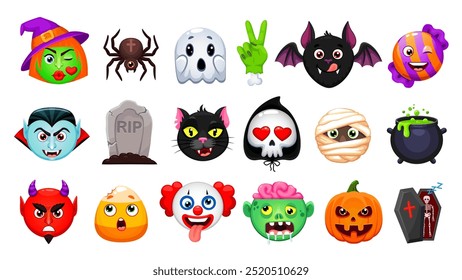 Conjunto de emoji de Halloween de dibujos animados. Vector zombi, vampiro, murciélago, calabaza o fantasma. Diablo, muerte, gato negro y tumba. Cráneo, bruja, momia y caramelo con payaso siniestro, semilla de maíz, esqueleto, araña o caldero