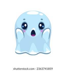 Cartoon Halloween emoji, surprised ghost character with wide, surprised eyes and open-mouthed expression, evoking charming mix of spookiness and innocence. Isolated vector kawaii spook radiate wonder