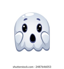 Cartoon Halloween emoji, surprised ghost character. Isolated vector kawaii spook radiate shock with wide, surprised eyes and open-mouthed expression, evoking charming mix of spookiness and innocence