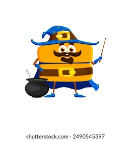 Cartoon Halloween equals math sign or number wizard for kids mathematics, vector character. Equal math sign in holiday costume of sorcerer in wizard hat with magic wand and Halloween potion cauldron