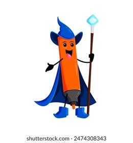 Cartoon Halloween felt-tip pen school stationery mage, wizard and witch character. Isolated vector lively sorcerer personage in a magical costume, complete with a pointy hat and a spellbinding staff