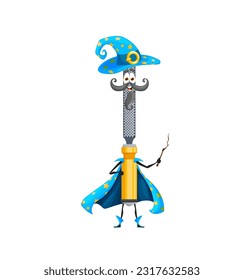 Cartoon halloween file or rasp tool wizard character. Isolated vector repair, diy, carpentry or construction instrument hold magic wand. Funny smiling personage dressed in warlock robe celebrate party