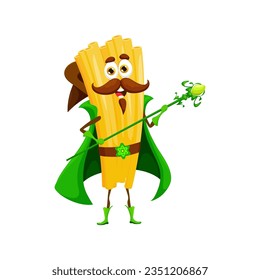 Cartoon Halloween filini pasta mage character. Italian restaurant meal isolated vector mage mascot with magic scepter. Tasty pasta wizard personage or Italy cuisine noodle warlock funny character