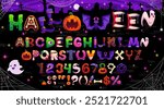 Cartoon Halloween font, evil type, funny scary typeface, spooky monster alphabet letters and numbers. Vector Halloween english abc characters font with Halloween holiday horror ghost, pumpkin and bat