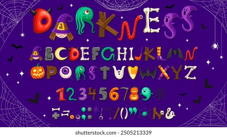 Cartoon Halloween font, holiday scary type with spooky typeface alphabet, vector English letters. Halloween holiday font of spooky characters in letters with boo ghost, witch and zombie in spiderweb