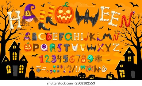 Cartoon Halloween font of scary type and witch typeface alphabet, vector letters. Halloween holiday font of spooky characters in letters with pumpkin monster, boo ghost, zombie and bats in spiderweb