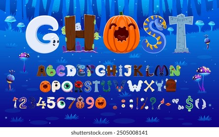 Fuente de Halloween de dibujos animados, tipografía de miedo y tipo de vacaciones divertido, alfabeto de cuento de hadas inglés de Vector. Fuente de Halloween con espeluznantes letras ABC con personajes de libro de calabaza y fantasma, zombi y cementerio