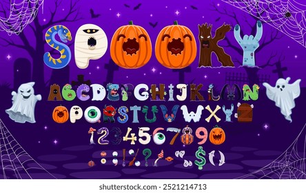 Fuente de Halloween de dibujos animados, tipografía de miedo, tipo de vacaciones, alfabeto de cuento de hadas inglés, tipografía de Vector espeluznante. Monstruos de terror de Halloween letras y números fuente de fantasmas, calabazas, zombis y vampiros