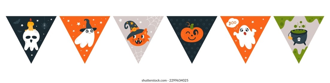 Cartoon halloween freaky bunting graphics. Simple child banners with pumpkin, ghost and cat. Festive flags garland, hanging party classy vector element