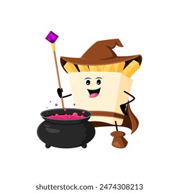 Cartoon Halloween french fry fast food mage, wizard and witch character. Isolated vector crispy fried potato personage with hat and magical staff, casting flavorful spell and cooking brew in cauldron