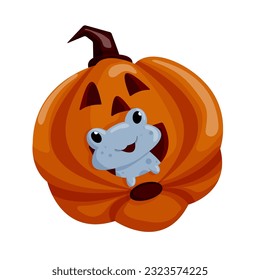 Cartoon halloween frog sits in a pumpkin and smiling. Vector illustration isolated on a white background.
