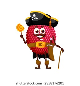 Cartoon Halloween fruit lychee in pirate costume, holiday vector cute character. Lychee fruit pirate captain or filibuster in sailor hat with skull crossbones and lollipop for Halloween trick or treat