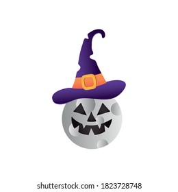 cartoon halloween full moon with witch hat over white background, colorful design, vector illustration