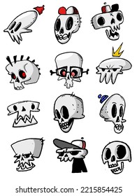 Caricatura de Halloween, cráneos graciosos aislados en fondo blanco. Ilustración de los lúgubres lectores. Ideal para icono o tatuaje