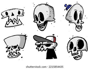 Cartoon  Halloween funny skulls set isolated on white background. Grim reapers illustration. Great for icon or tattoo