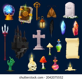 Cartoon Halloween Game Assets, UI Characters And Interface Icons, Vector. Halloween Computer Game GUI Skull And Magic Potion Elixir, Horror Night Candle And Lantern, Witch Crystal Ball And Tombstone