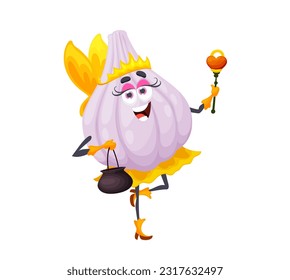 Cartoon Halloween garlic fairy character. Funny vector pixie vegetable with mischievous expression wear fantasy outfit holding wand and pot. Whimsical fantasy personage with wings and smiling face