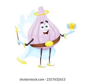 Cartoon Halloween garlic fairy character. Funny vector vegetable pixie fantasy personage with level star and wand. Whimsical mischievous garden plant with amusing face expression wear magical outfit