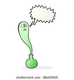 Cartoon-Halbwertswirt in Flasche mit Sprachblase