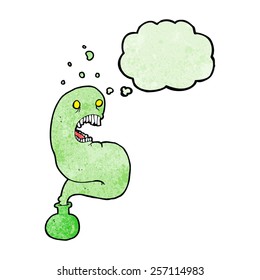 Cartoon-Halbwertswirt in Flasche mit Gedankenblase
