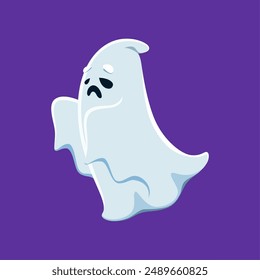 Cartoon Halloween ghost character isolated vector spook. Creepy monster personage, white evil specter, floating apparition with scary or spooky facial expression. Scary bogey yell with raised hands