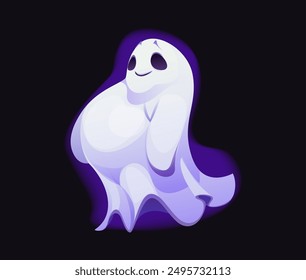 Personaje fantasma de Halloween de dibujos animados, personaje aterrador, monstruo malvado de horror con expresión de cara amistosa y sonrisa juguetona flotando en el aire. Espantapájaros de grasa de Vector aislado, fantasma o espíritu blanco