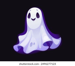 Personaje fantasma de Halloween de dibujos animados, personaje espeluznante aterrador, monstruo malvado de horror. Aparición flotante de Vector con expresión facial sonriente. Fantasma espeluznante, fantasma bogey, espectro púrpura y blanco vibrante