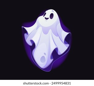 Personaje fantasma de Halloween de dibujos animados, personaje espeluznante aterrador, monstruo malvado de horror con expresión de cara feliz vagando en la noche de vacaciones. Fantasma divertido y amigable que transporta espíritu alegre y festivo