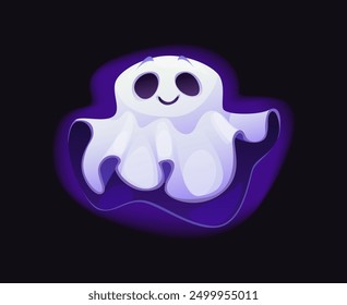 Personaje fantasma de Halloween de dibujos animados, personaje espeluznante aterrador, monstruo malvado de horror. Vector vibrante espectro púrpura y blanco, aparición flotante con expresión facial sonriente. Espeluznante fantasma, bogey fantasma