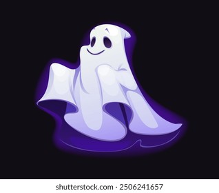 Personaje fantasma de Halloween de dibujos animados, personaje espeluznante aterrador, monstruos malvados de horror. Vector lindo spook con una sonrisa amistosa, fantasma juguetón con blanco y suave brillo púrpura vagando en la noche de vacaciones